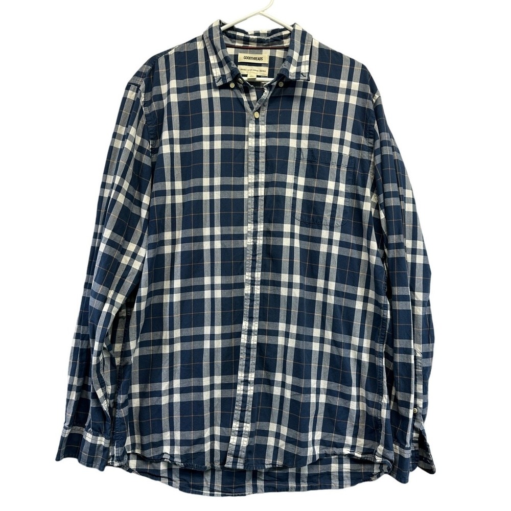 Goodthreads Mens‎ XLT Plaid Button Down Shirt Navy Blue White Standard Fit Tall